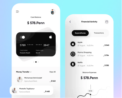 Financial application interface preview with card balance and activity panels