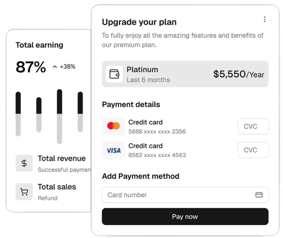 Upgrade and payment dashboard preview