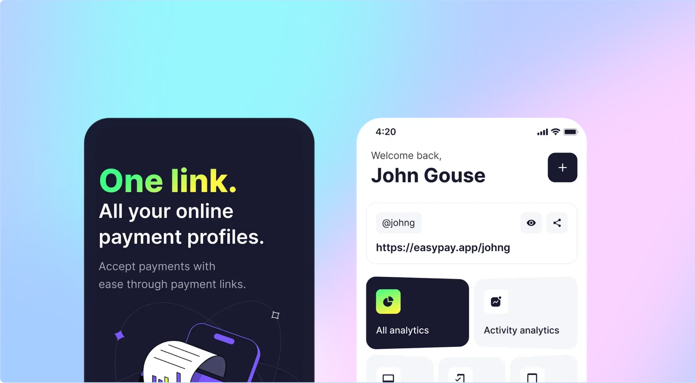 Mobile profile and analytics product screens on a blue and pink gradient background
