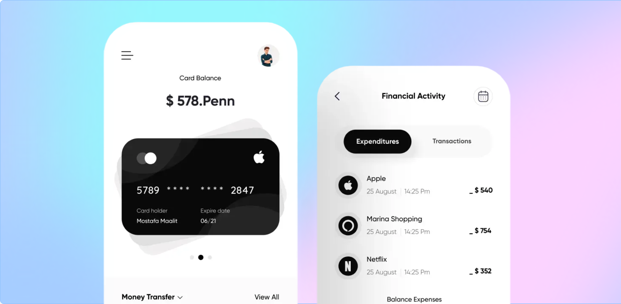 Financial product interface with card balance and transaction screens