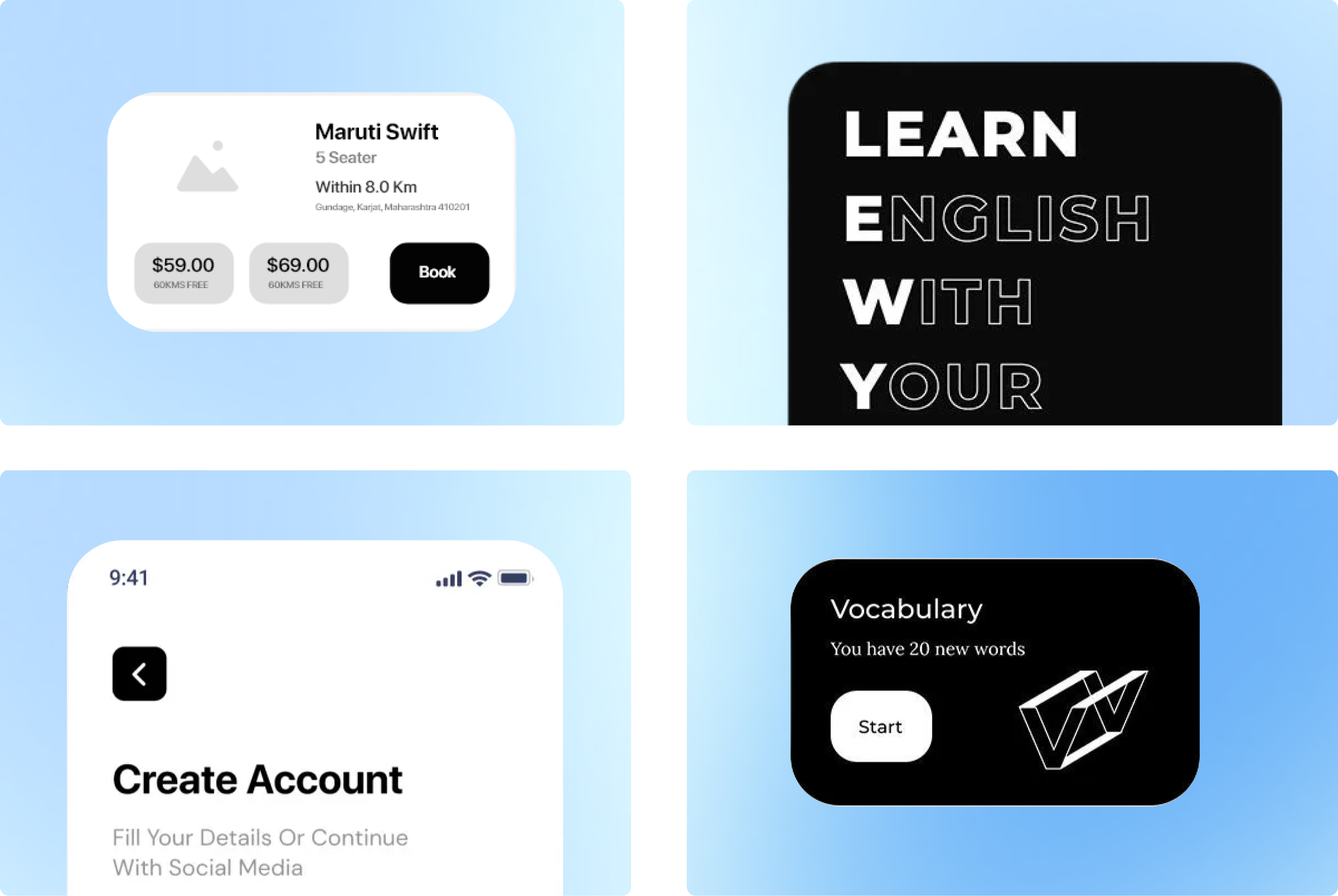 Four mobile app interface mockups on blue gradient panels