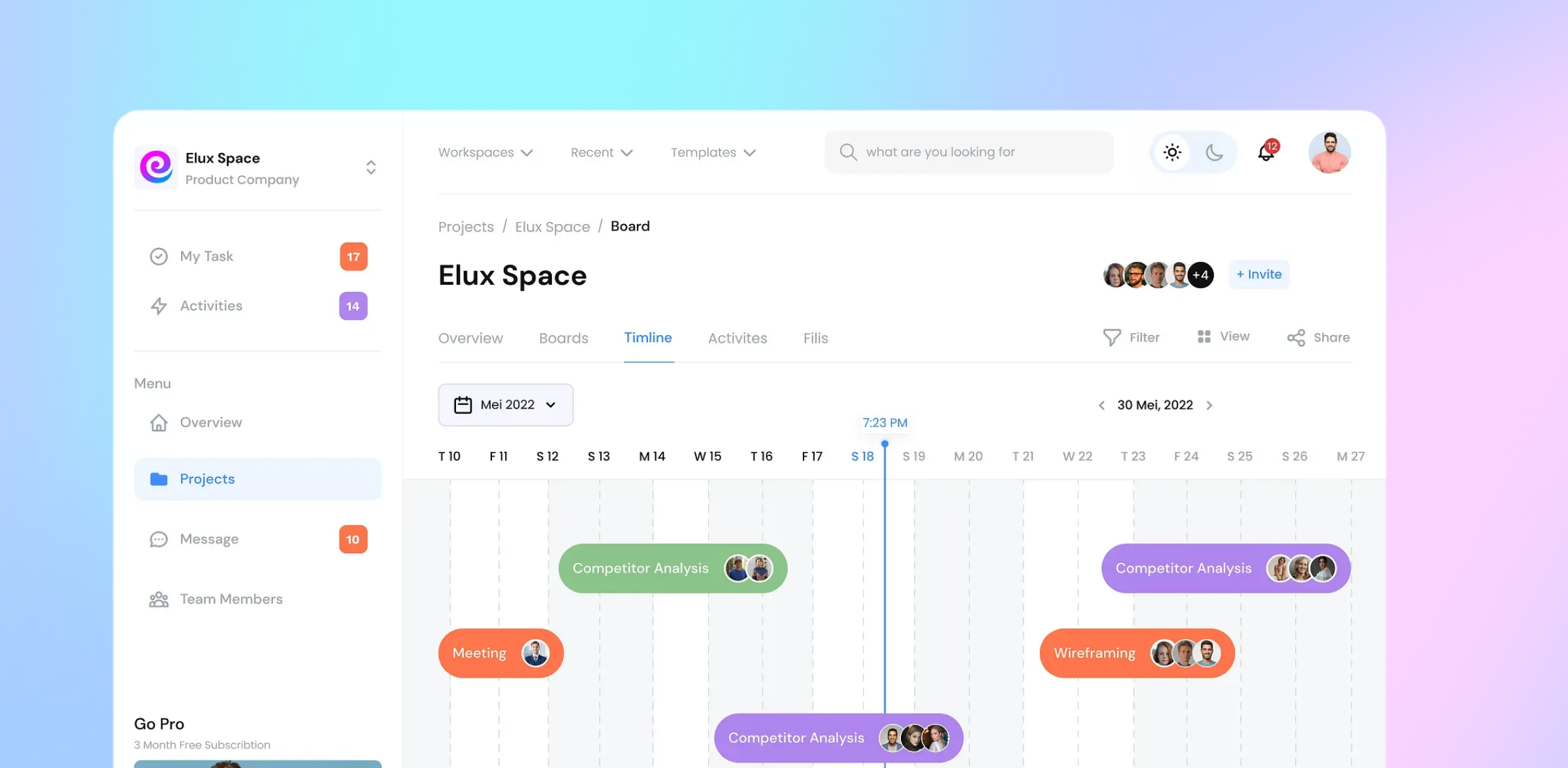 Project timeline interface on a blue and pink gradient background